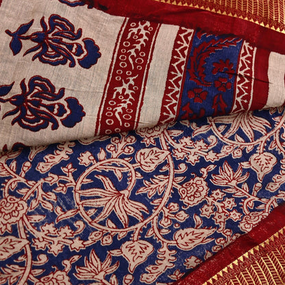 Indian Vintage Sari Blue chanderi Silk Bagru Printed Saree 5Yd Fabric Floral Soft Zari Border Ethnic Upcycle Crafting Dress making