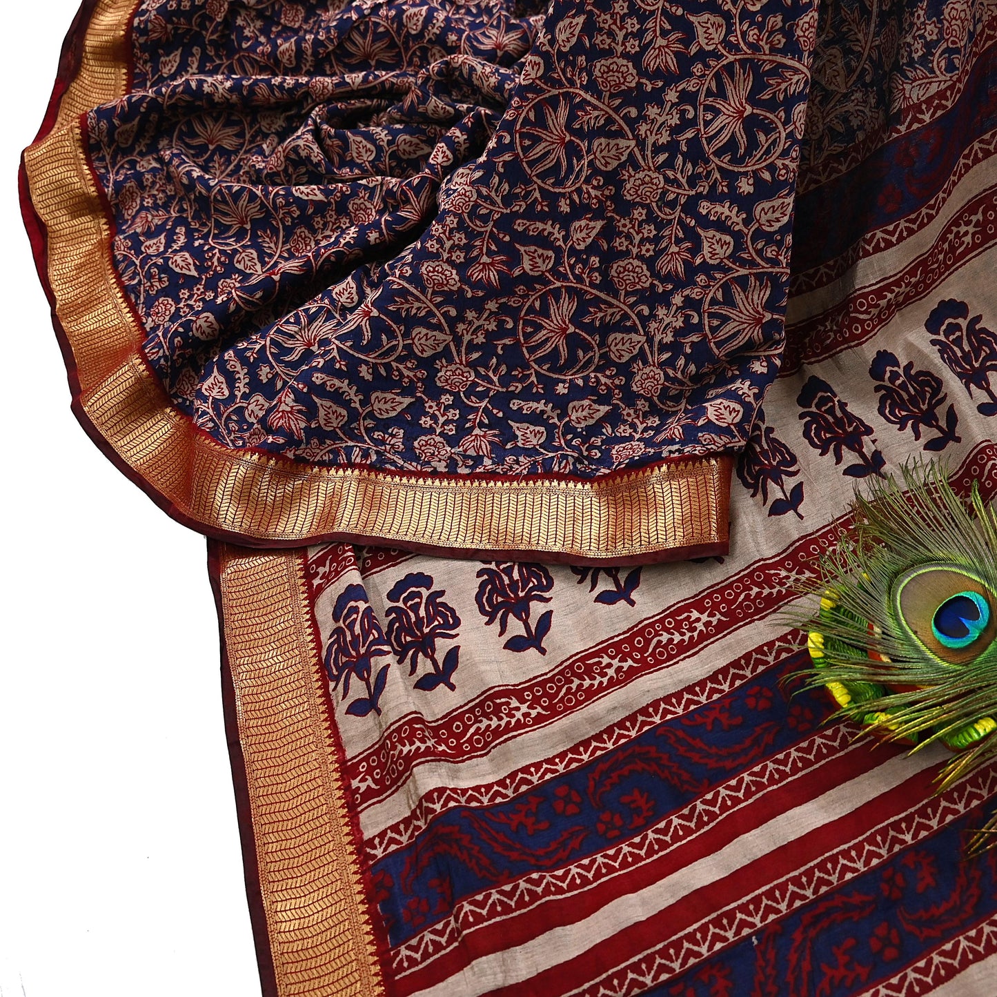 Indian Vintage Sari Blue chanderi Silk Bagru Printed Saree 5Yd Fabric Floral Soft Zari Border Ethnic Upcycle Crafting Dress making