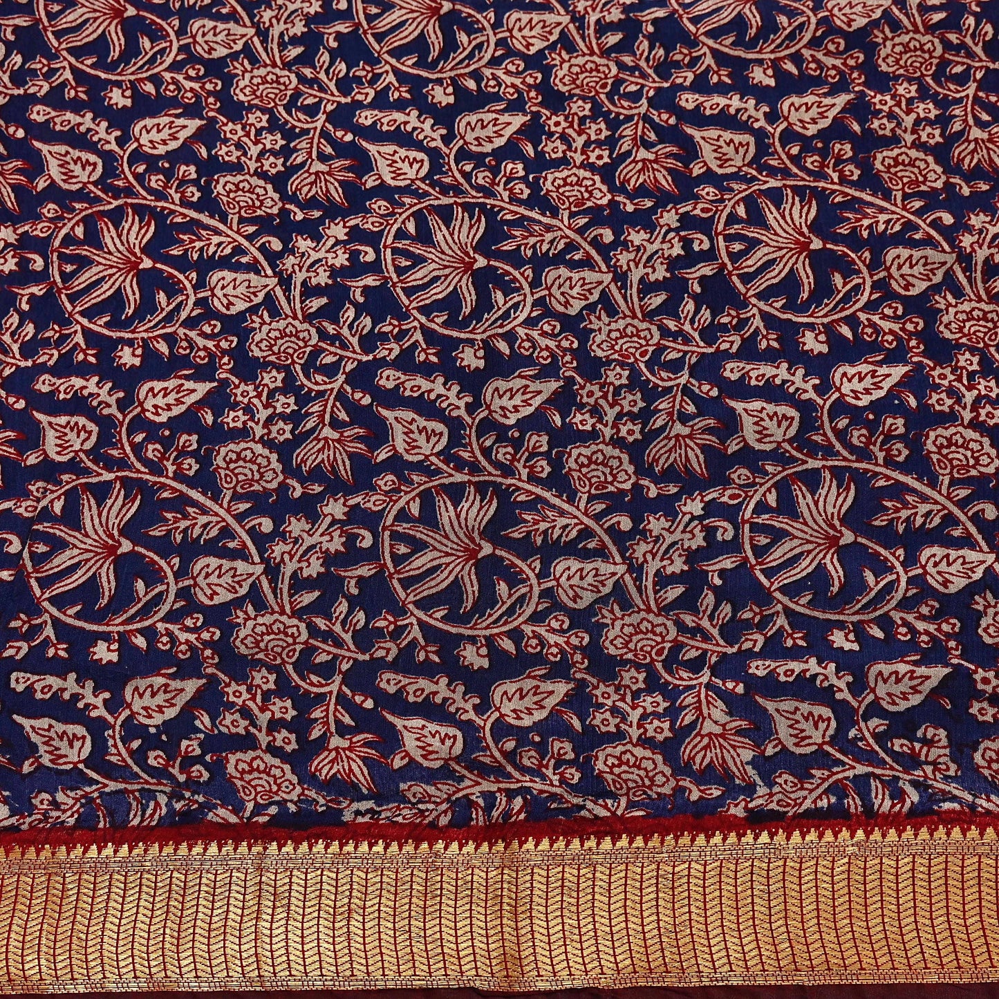 Indian Vintage Sari Blue chanderi Silk Bagru Printed Saree 5Yd Fabric Floral Soft Zari Border Ethnic Upcycle Crafting Dress making