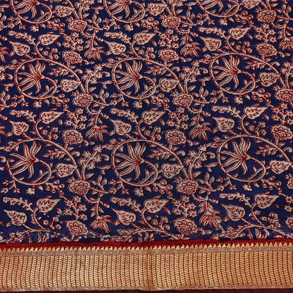 Indian Vintage Sari Blue chanderi Silk Bagru Printed Saree 5Yd Fabric Floral Soft Zari Border Ethnic Upcycle Crafting Dress making