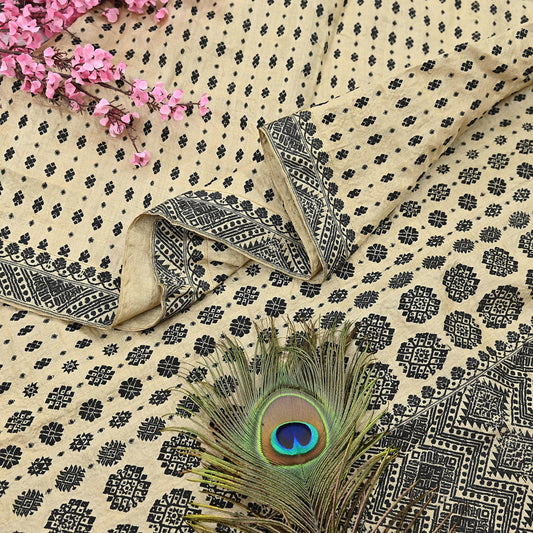 Indian Antique Vintage Heavy Beige Dupatta Pure Khadi Silk Long Stole Hand Woven Assam Scarves Veil Scarf Fringes