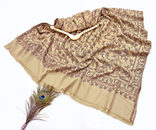 Indian Vintage Beige Shawl Pure Woolen Handmade Suzani Long Throw Stole Warm Floral Design Soft Cozy
