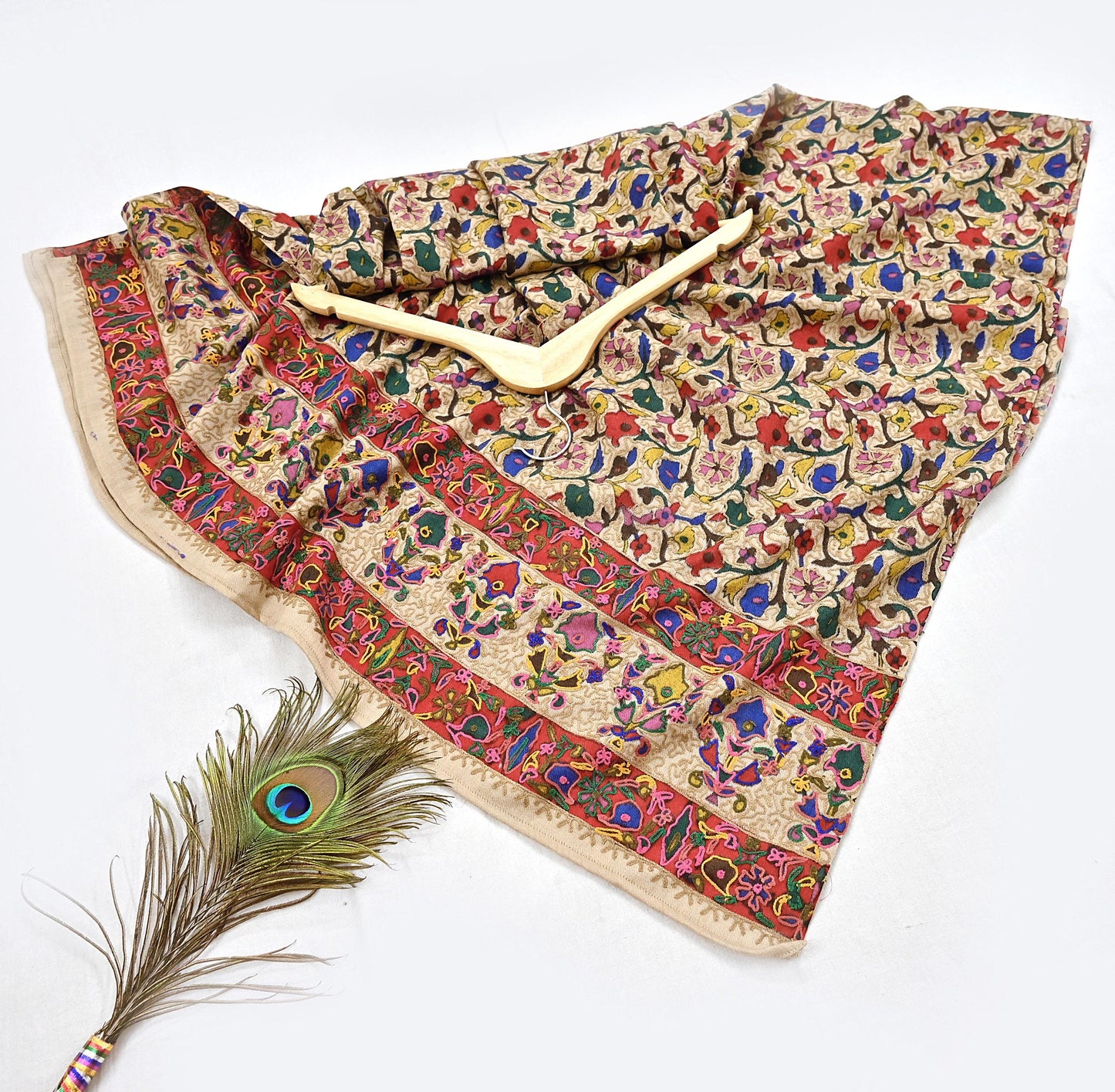 Vintage Kashmiri Aari Embroidery Shawl Beige Pure Wool Wrap Handcrafted Chain Stitch Kashida Stole Christmas Gift for Her