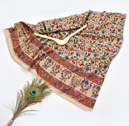 Vintage Kashmiri Aari Embroidery Shawl Beige Pure Wool Wrap Handcrafted Chain Stitch Kashida Stole Christmas Gift for Her