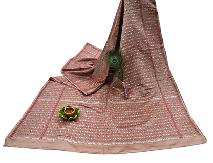 Vintage Brown Banarasi Silk Saree Pure Satin Silk Handwoven Tanchoi Fabric with Paisley Weave 5 Yard Dressmaking Craft Material