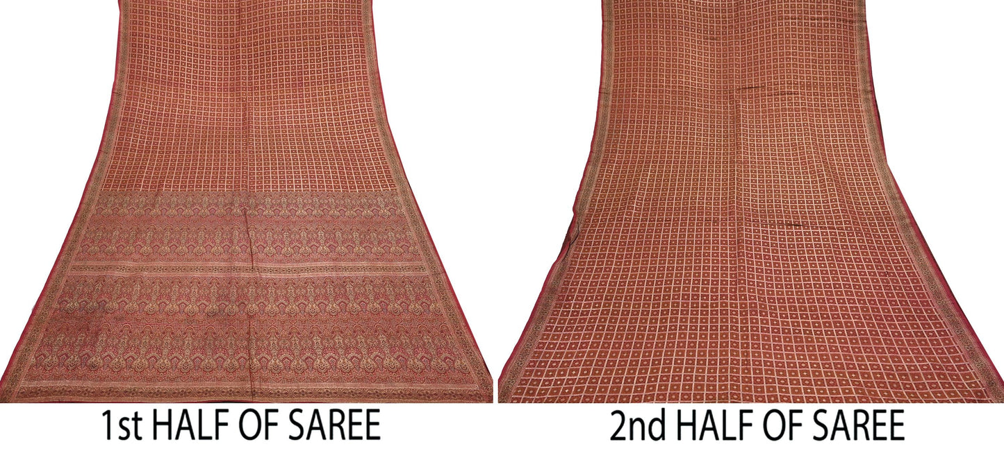 Indian Vintage Sari Maroon Heavy Wedding Pure Satin Silk Woven Banarasi Tanchoi Saree 5Yd Ethnic Craft Fabric Upcycle Bridal Heavy Sarees