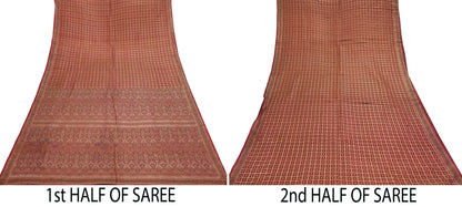 Indian Vintage Sari Maroon Heavy Wedding Pure Satin Silk Woven Banarasi Tanchoi Saree 5Yd Ethnic Craft Fabric Upcycle Bridal Heavy Sarees
