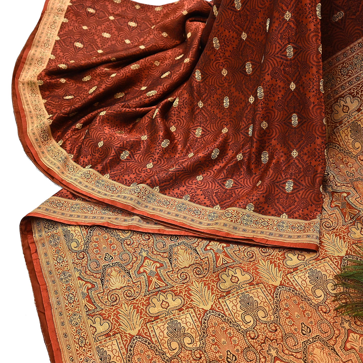 Vintage Orange Banarasi Silk Saree Pure Satin Silk Handwoven Tanchoi Fabric with Floral Weave 5 Yard Dressmaking Craft Material