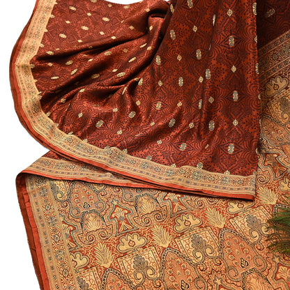 Vintage Orange Banarasi Silk Saree Pure Satin Silk Handwoven Tanchoi Fabric with Floral Weave 5 Yard Dressmaking Craft Material