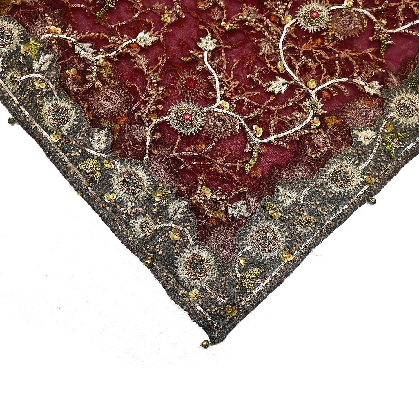Vintage Bridal Heavy Maroon Net Dupatta Hand Embroidered Zardozi, Dabka, Zari, Sequins Work Wedding Veil Stole