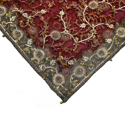 Vintage Bridal Heavy Maroon Net Dupatta Hand Embroidered Zardozi, Dabka, Zari, Sequins Work Wedding Veil Stole