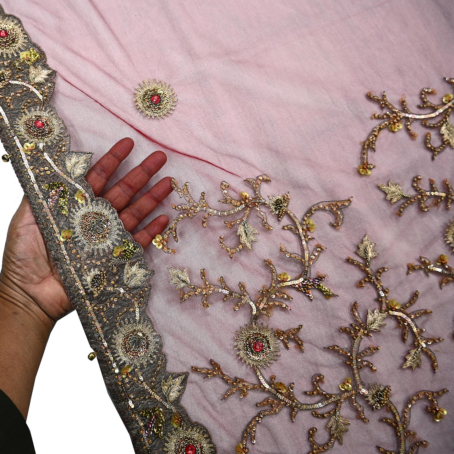 Vintage Bridal Heavy Maroon Net Dupatta Hand Embroidered Zardozi, Dabka, Zari, Sequins Work Wedding Veil Stole
