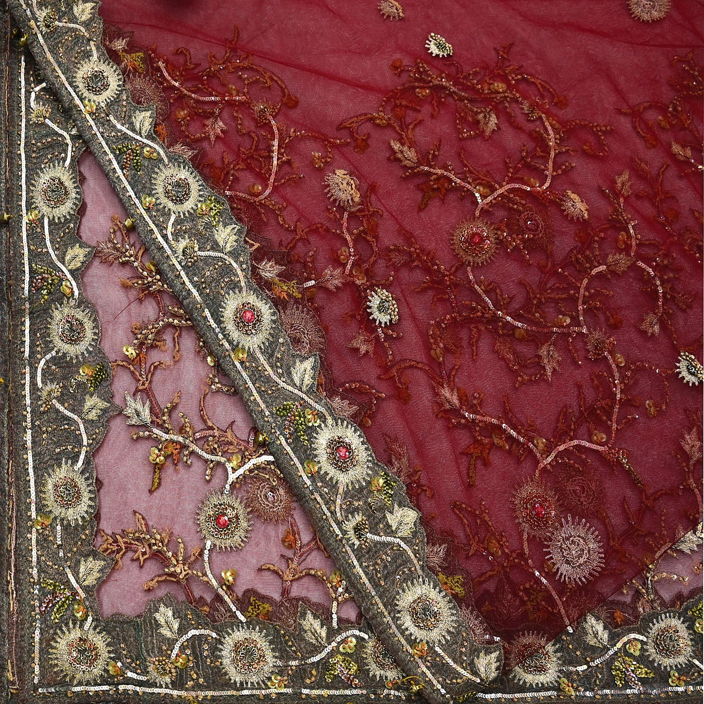 Vintage Bridal Heavy Maroon Net Dupatta Hand Embroidered Zardozi, Dabka, Zari, Sequins Work Wedding Veil Stole