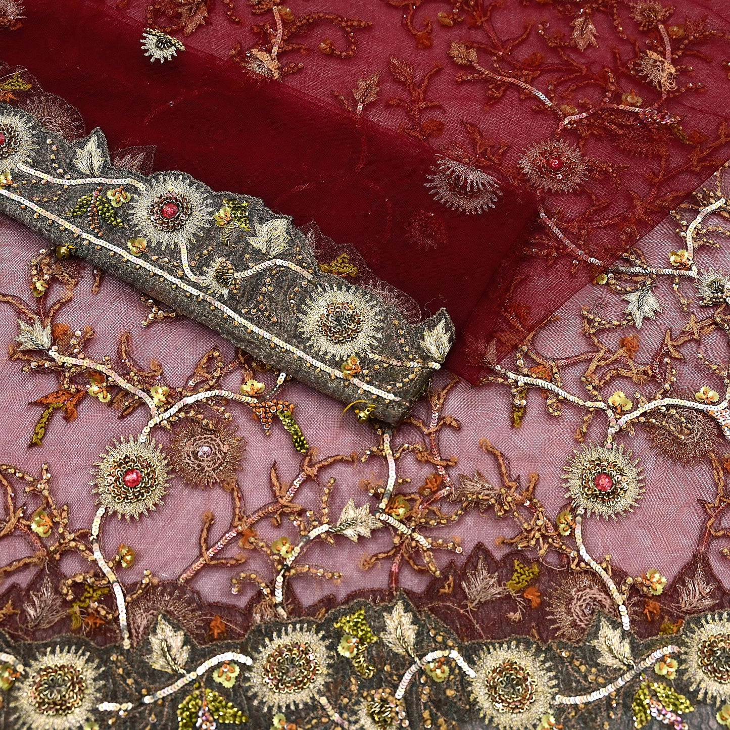 Vintage Bridal Heavy Maroon Net Dupatta Hand Embroidered Zardozi, Dabka, Zari, Sequins Work Wedding Veil Stole