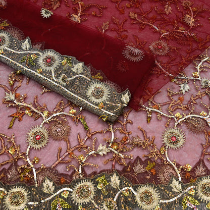 Vintage Bridal Heavy Maroon Net Dupatta Hand Embroidered Zardozi, Dabka, Zari, Sequins Work Wedding Veil Stole