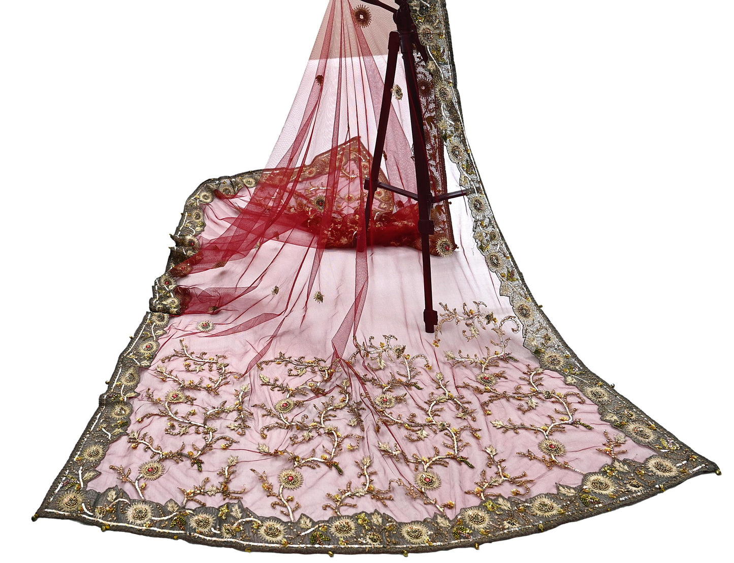 Vintage Bridal Heavy Maroon Net Dupatta Hand Embroidered Zardozi, Dabka, Zari, Sequins Work Wedding Veil Stole