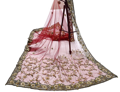 Vintage Bridal Heavy Maroon Net Dupatta Hand Embroidered Zardozi, Dabka, Zari, Sequins Work Wedding Veil Stole