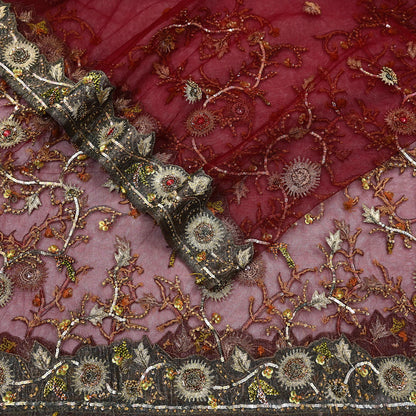 Vintage Bridal Heavy Maroon Net Dupatta Hand Embroidered Zardozi, Dabka, Zari, Sequins Work Wedding Veil Stole
