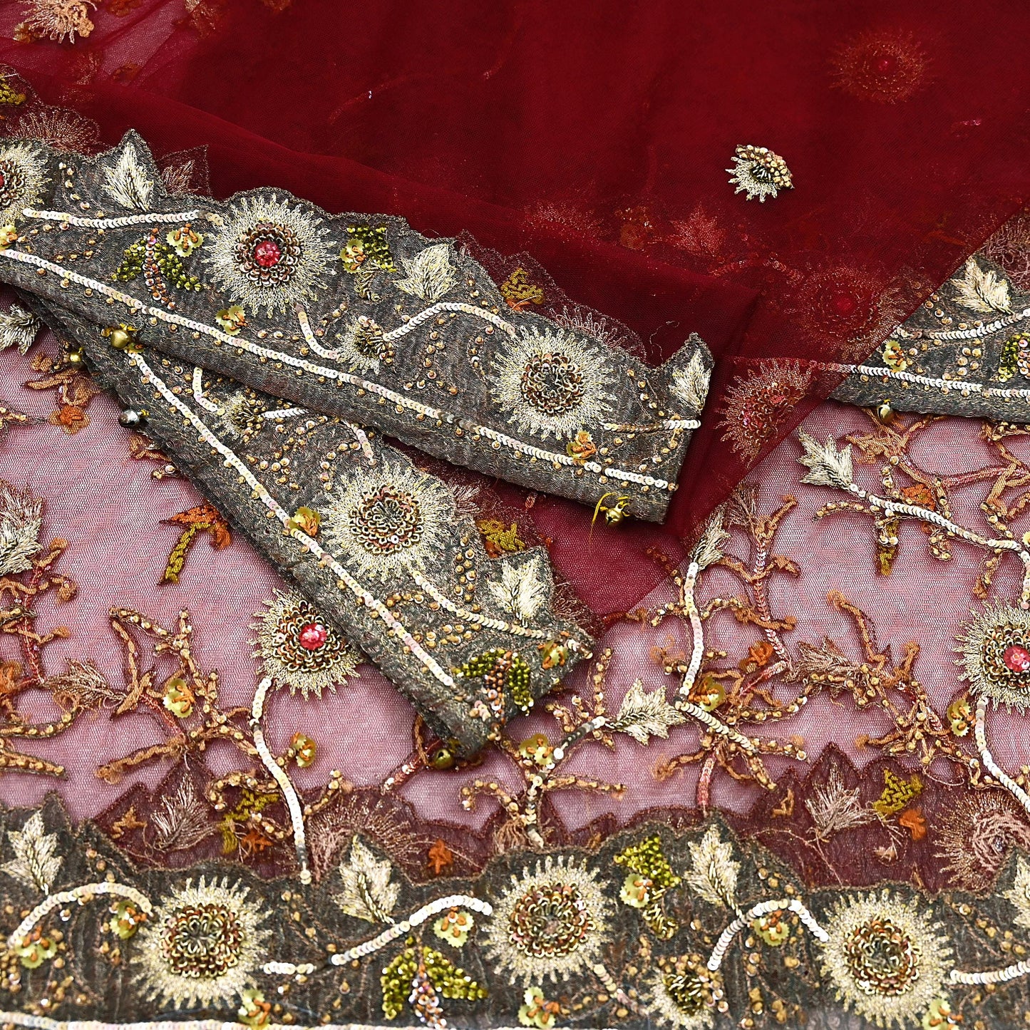 Vintage Bridal Heavy Maroon Net Dupatta Hand Embroidered Zardozi, Dabka, Zari, Sequins Work Wedding Veil Stole
