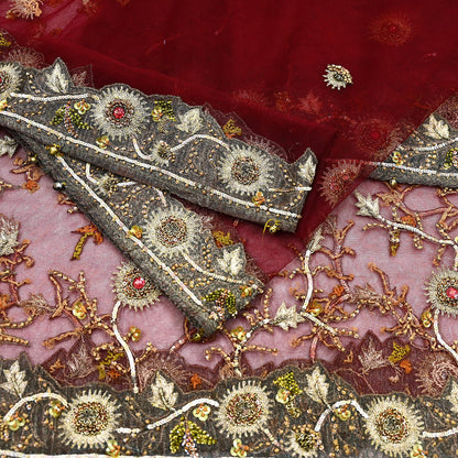 Vintage Bridal Heavy Maroon Net Dupatta Hand Embroidered Zardozi, Dabka, Zari, Sequins Work Wedding Veil Stole