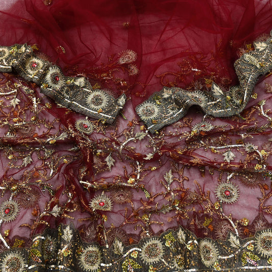 Vintage Bridal Heavy Maroon Net Dupatta Hand Embroidered Zardozi, Dabka, Zari, Sequins Work Wedding Veil Stole