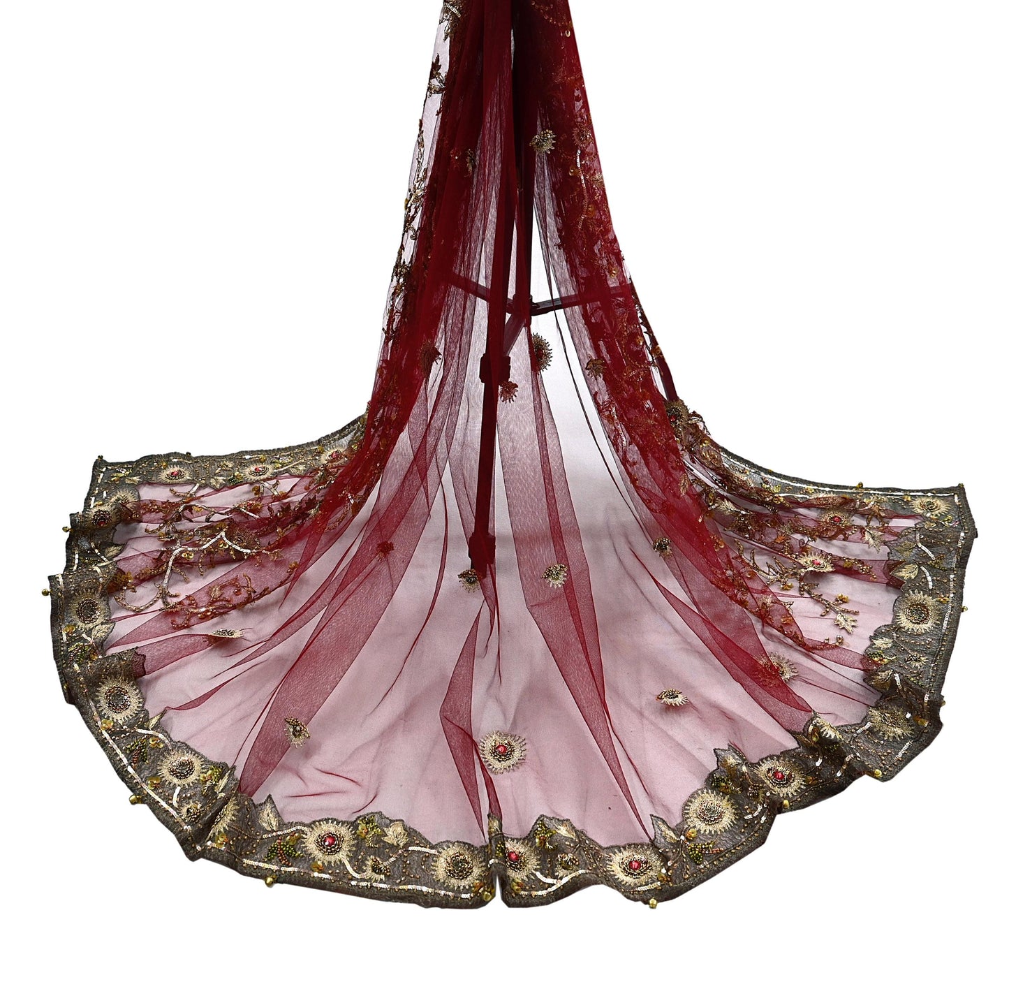 Vintage Bridal Heavy Maroon Net Dupatta Hand Embroidered Zardozi, Dabka, Zari, Sequins Work Wedding Veil Stole