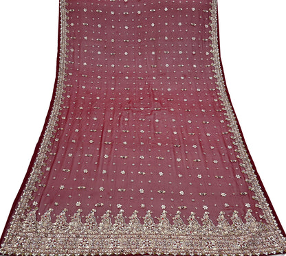 Indian Vintage Heavy Bridal Maroon Dupatta Pure Georgette Silk Long Stole Hand Embroidered Scarf Zardozi/Dabka Wedding red Hijab veil Boho