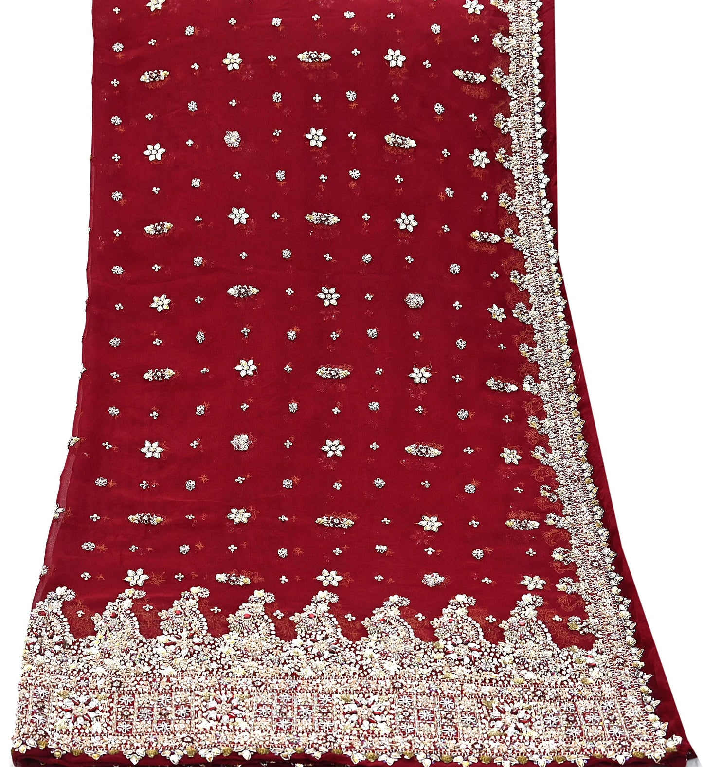 Indian Vintage Heavy Bridal Maroon Dupatta Pure Georgette Silk Long Stole Hand Embroidered Scarf Zardozi/Dabka Wedding red Hijab veil Boho