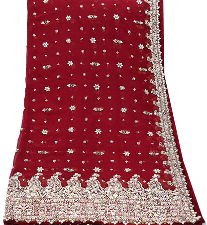 Indian Vintage Heavy Bridal Maroon Dupatta Pure Georgette Silk Long Stole Hand Embroidered Scarf Zardozi/Dabka Wedding red Hijab veil Boho