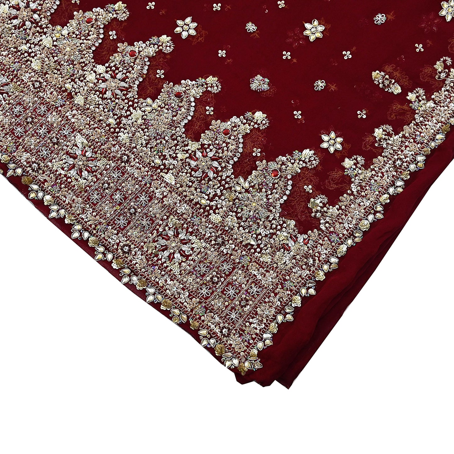 Indian Vintage Heavy Bridal Maroon Dupatta Pure Georgette Silk Long Stole Hand Embroidered Scarf Zardozi/Dabka Wedding red Hijab veil Boho