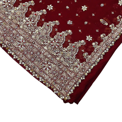 Indian Vintage Heavy Bridal Maroon Dupatta Pure Georgette Silk Long Stole Hand Embroidered Scarf Zardozi/Dabka Wedding red Hijab veil Boho