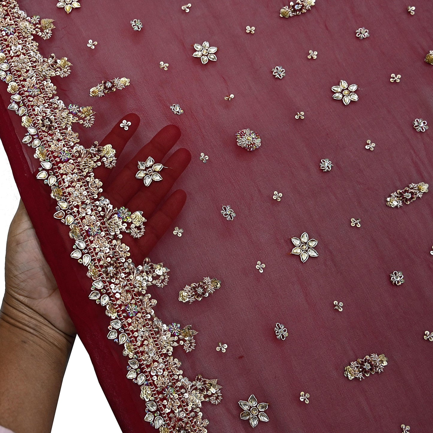 Indian Vintage Heavy Bridal Maroon Dupatta Pure Georgette Silk Long Stole Hand Embroidered Scarf Zardozi/Dabka Wedding red Hijab veil Boho