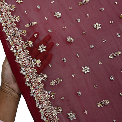 Indian Vintage Heavy Bridal Maroon Dupatta Pure Georgette Silk Long Stole Hand Embroidered Scarf Zardozi/Dabka Wedding red Hijab veil Boho
