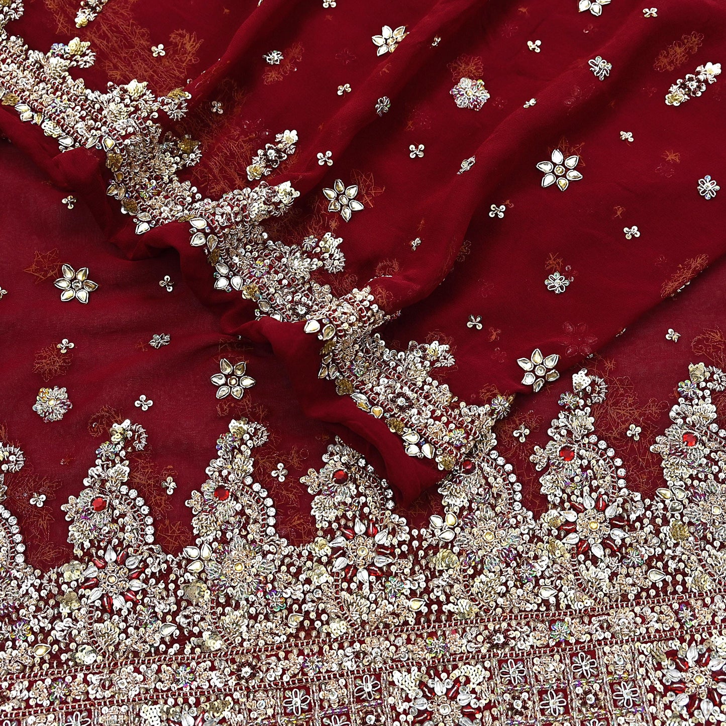 Indian Vintage Heavy Bridal Maroon Dupatta Pure Georgette Silk Long Stole Hand Embroidered Scarf Zardozi/Dabka Wedding red Hijab veil Boho