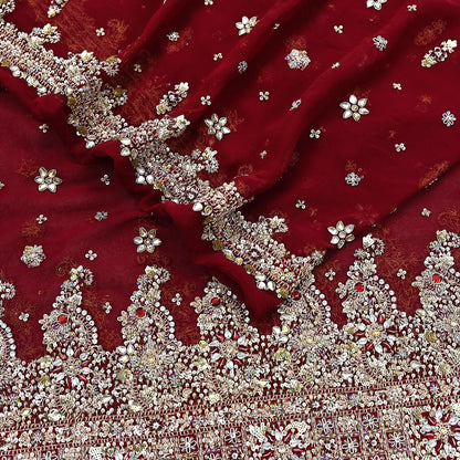 Indian Vintage Heavy Bridal Maroon Dupatta Pure Georgette Silk Long Stole Hand Embroidered Scarf Zardozi/Dabka Wedding red Hijab veil Boho