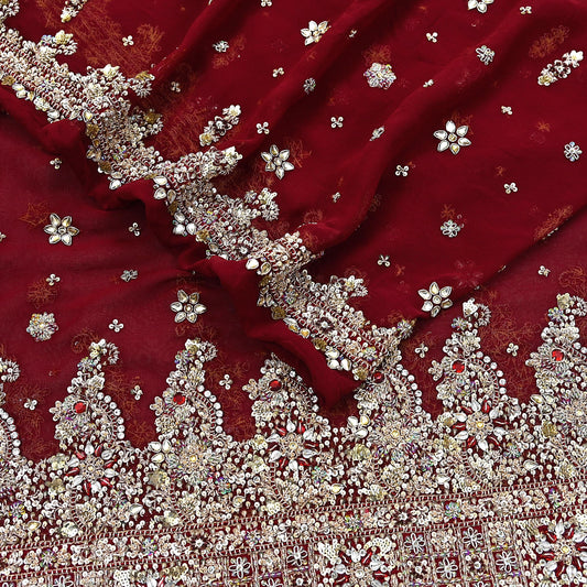 Indian Vintage Heavy Bridal Maroon Dupatta Pure Georgette Silk Long Stole Hand Embroidered Scarf Zardozi/Dabka Wedding red Hijab veil Boho