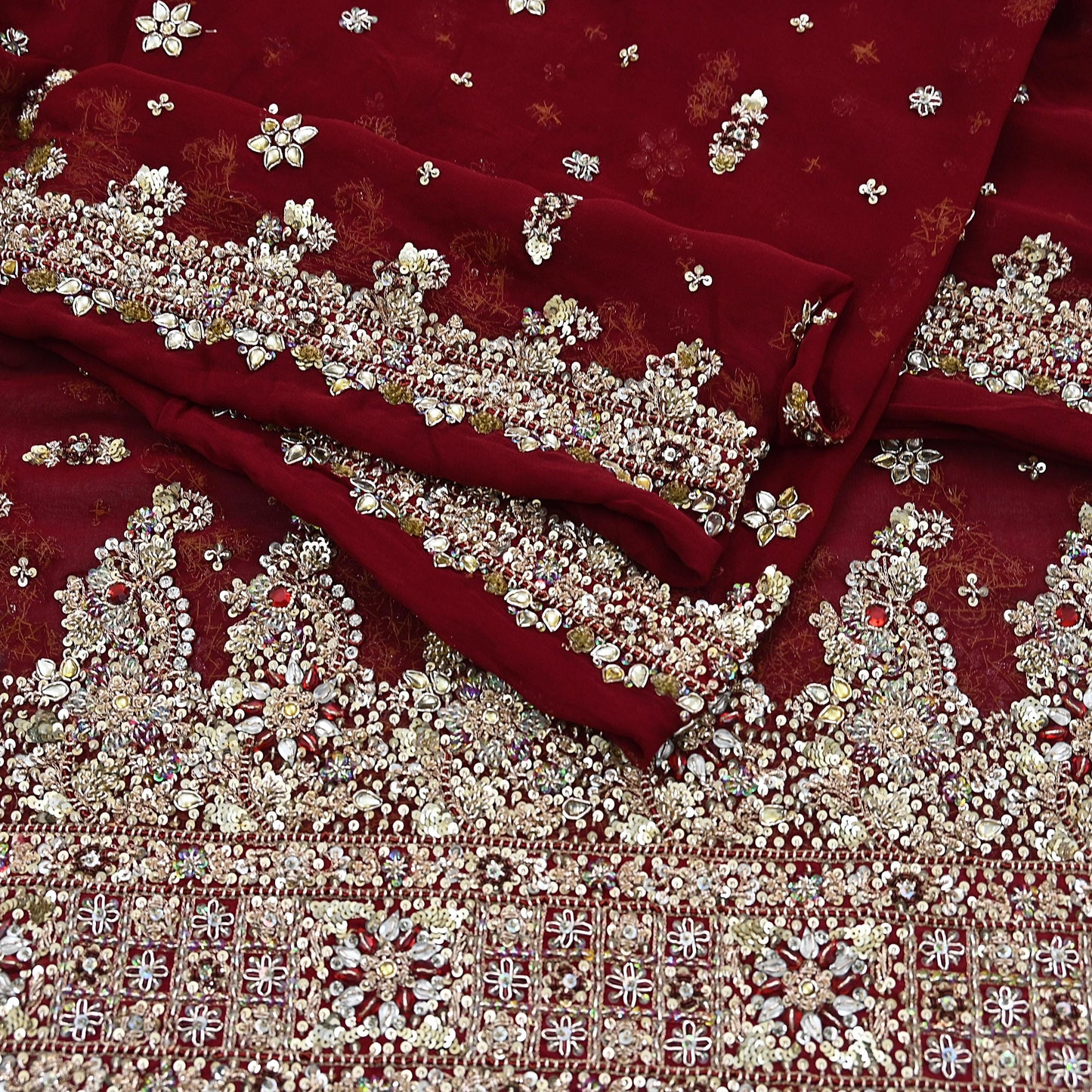 Indian Vintage Heavy Bridal Maroon Dupatta Pure Georgette Silk Long Stole Hand Embroidered Scarf Zardozi/Dabka Wedding red Hijab veil Boho