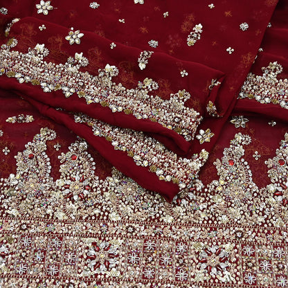 Indian Vintage Heavy Bridal Maroon Dupatta Pure Georgette Silk Long Stole Hand Embroidered Scarf Zardozi/Dabka Wedding red Hijab veil Boho