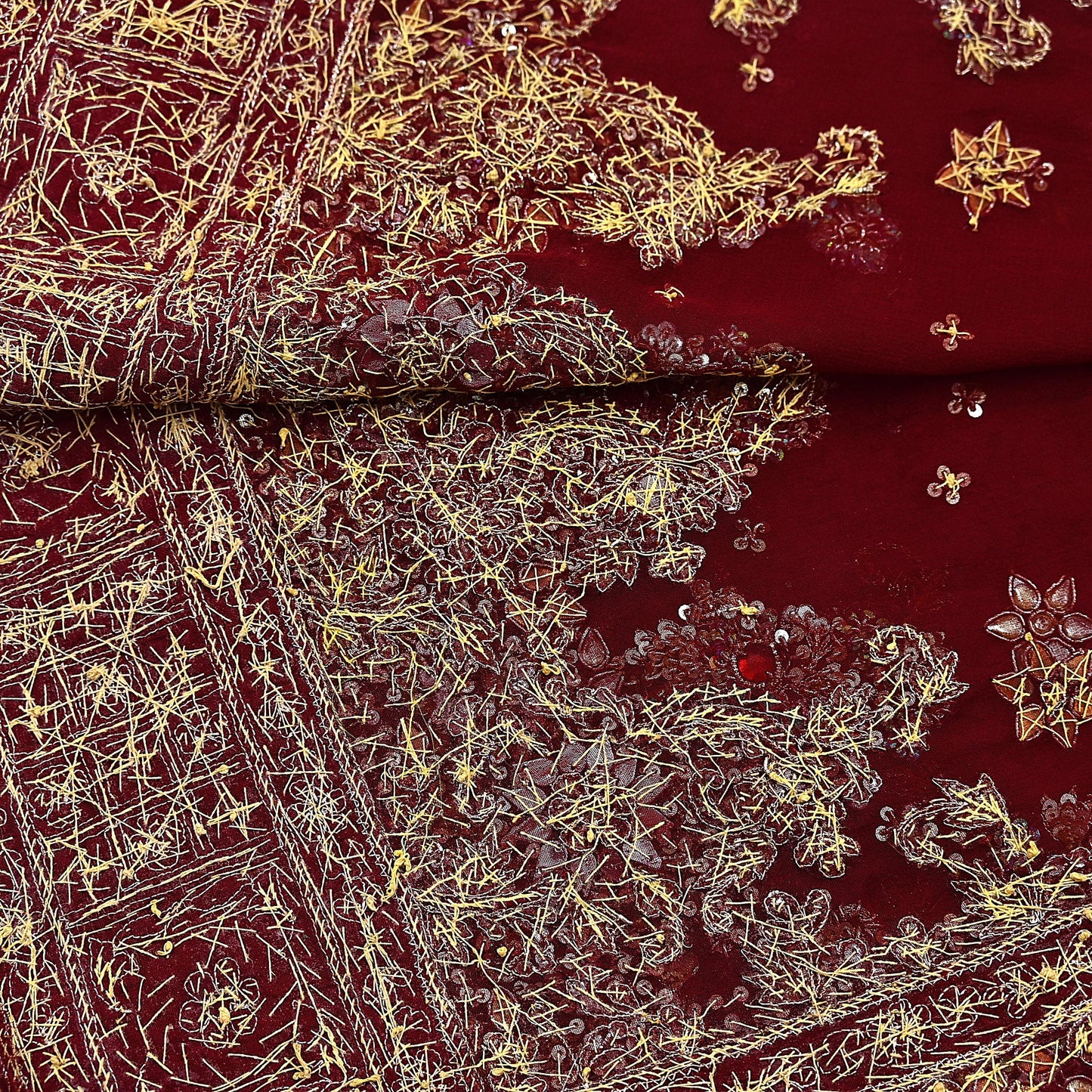 Indian Vintage Heavy Bridal Maroon Dupatta Pure Georgette Silk Long Stole Hand Embroidered Scarf Zardozi/Dabka Wedding red Hijab veil Boho
