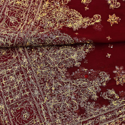Indian Vintage Heavy Bridal Maroon Dupatta Pure Georgette Silk Long Stole Hand Embroidered Scarf Zardozi/Dabka Wedding red Hijab veil Boho