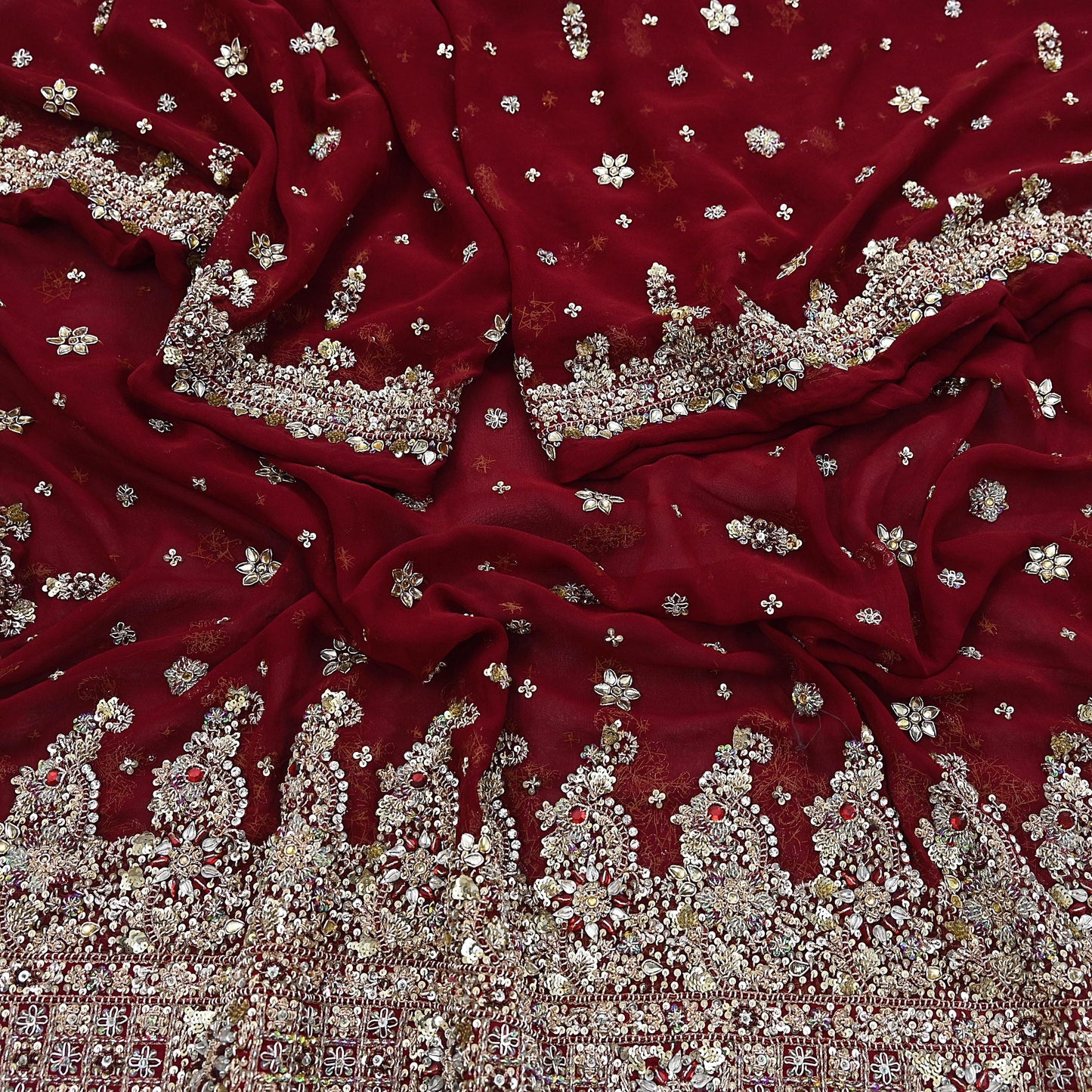 Indian Vintage Heavy Bridal Maroon Dupatta Pure Georgette Silk Long Stole Hand Embroidered Scarf Zardozi/Dabka Wedding red Hijab veil Boho