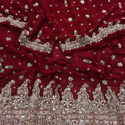 Indian Vintage Heavy Bridal Maroon Dupatta Pure Georgette Silk Long Stole Hand Embroidered Scarf Zardozi/Dabka Wedding red Hijab veil Boho