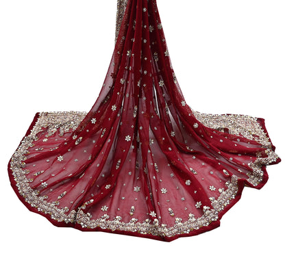 Indian Vintage Heavy Bridal Maroon Dupatta Pure Georgette Silk Long Stole Hand Embroidered Scarf Zardozi/Dabka Wedding red Hijab veil Boho