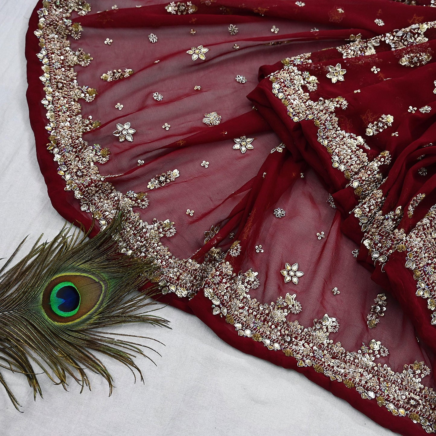 Indian Vintage Heavy Bridal Maroon Dupatta Pure Georgette Silk Long Stole Hand Embroidered Scarf Zardozi/Dabka Wedding red Hijab veil Boho