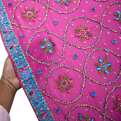 Indian Vintage Heavy Magenta Bridal Dupatta Pure Georgette Silk Hand Embroidered Zardozi, Dabka, Zari Work Party Wear Long Stole