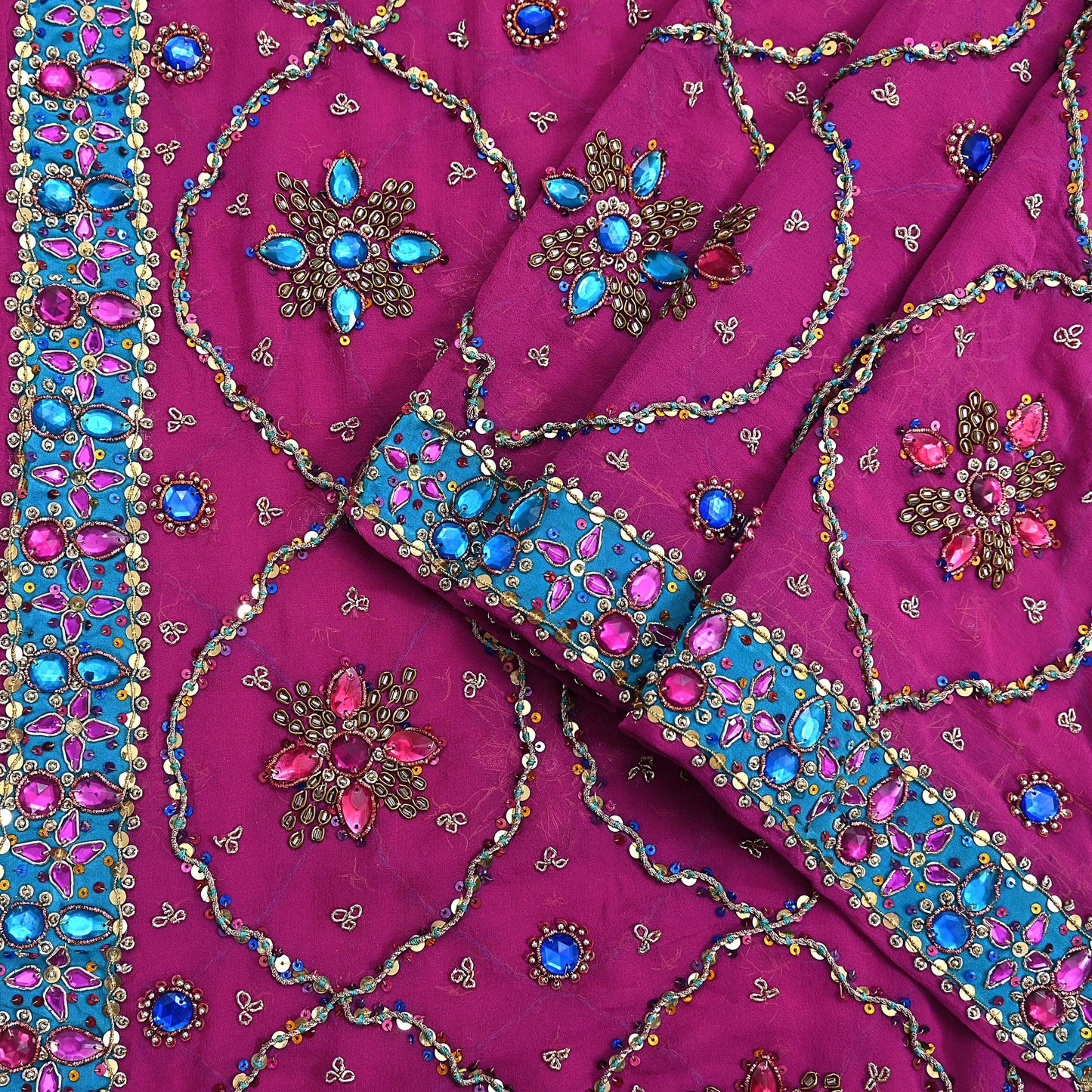 Indian Vintage Heavy Magenta Bridal Dupatta Pure Georgette Silk Hand Embroidered Zardozi, Dabka, Zari Work Party Wear Long Stole