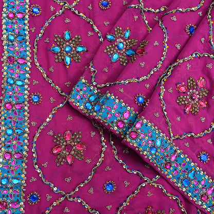 Indian Vintage Heavy Magenta Bridal Dupatta Pure Georgette Silk Hand Embroidered Zardozi, Dabka, Zari Work Party Wear Long Stole
