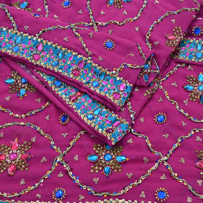 Indian Vintage Heavy Magenta Bridal Dupatta Pure Georgette Silk Hand Embroidered Zardozi, Dabka, Zari Work Party Wear Long Stole