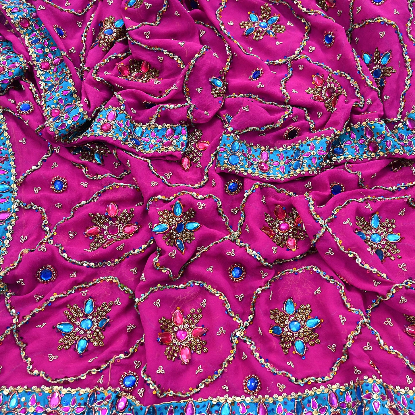 Indian Vintage Heavy Magenta Bridal Dupatta Pure Georgette Silk Hand Embroidered Zardozi, Dabka, Zari Work Party Wear Long Stole