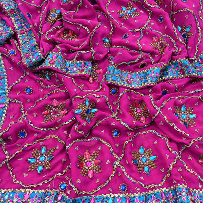 Indian Vintage Heavy Magenta Bridal Dupatta Pure Georgette Silk Hand Embroidered Zardozi, Dabka, Zari Work Party Wear Long Stole